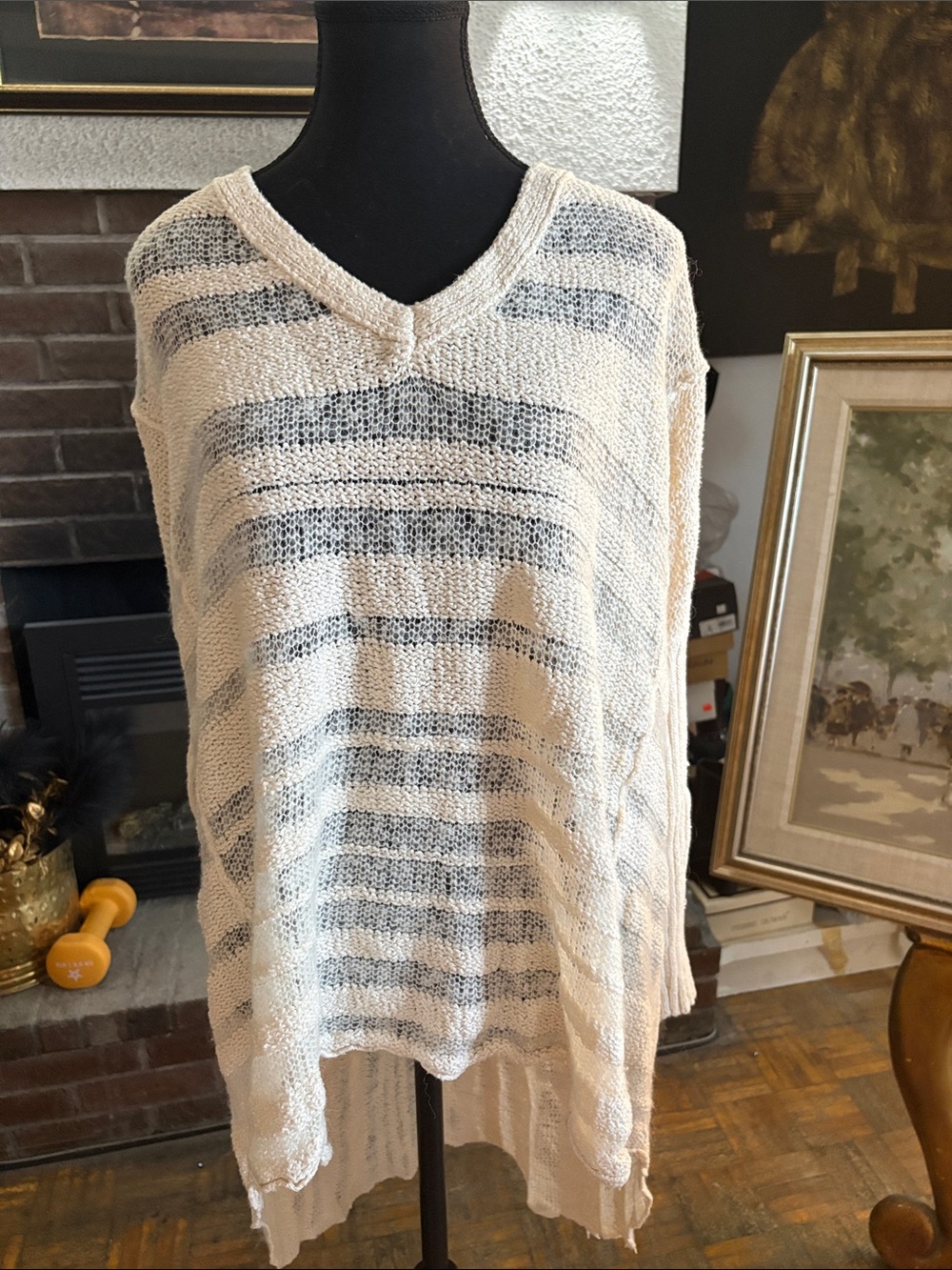 Lightweight Cream and Gray Striped V-Neck Sweater
